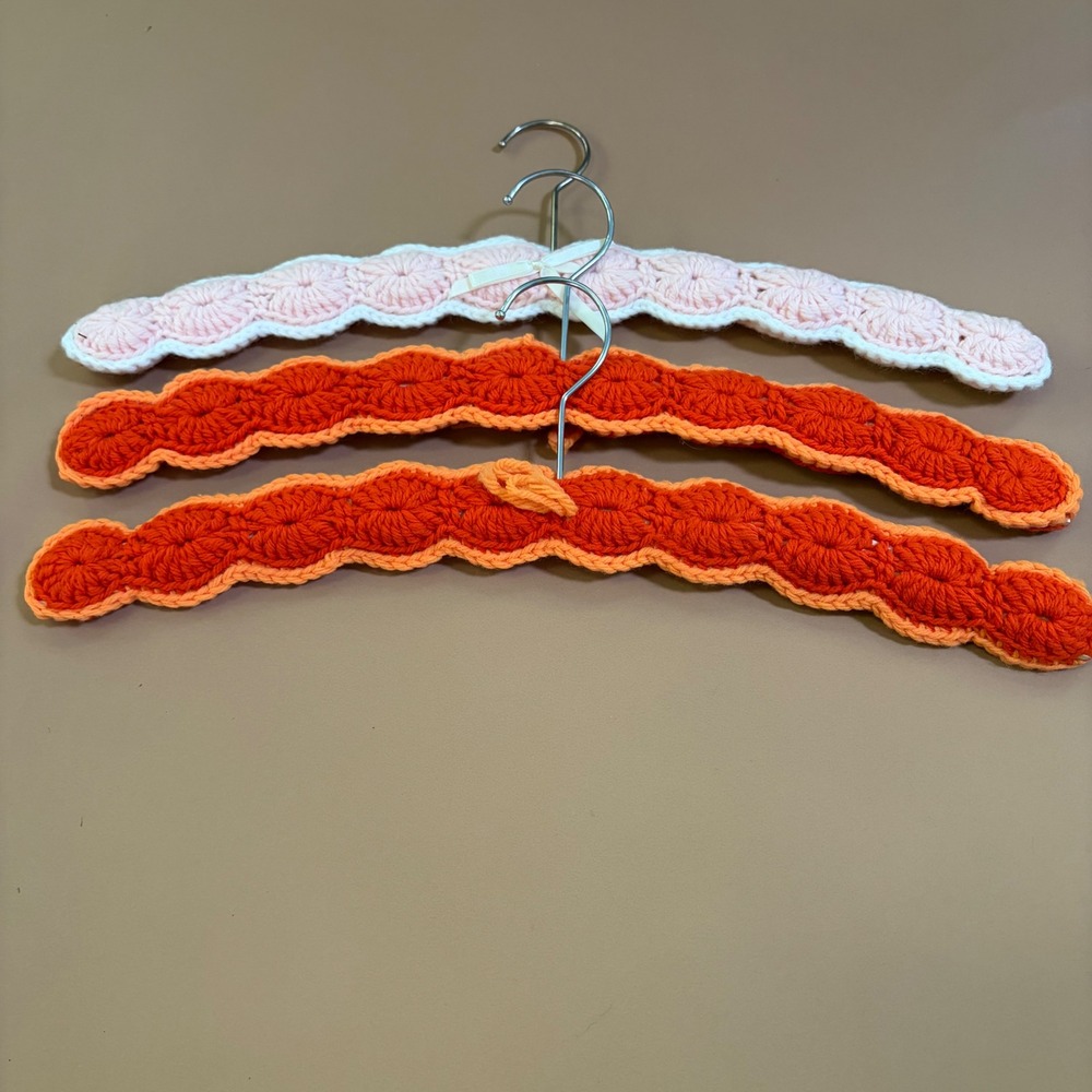 3 Handmade Crochet Clothes Hangers  MCM Yarn Pink Orange Set Cottagecore Granny